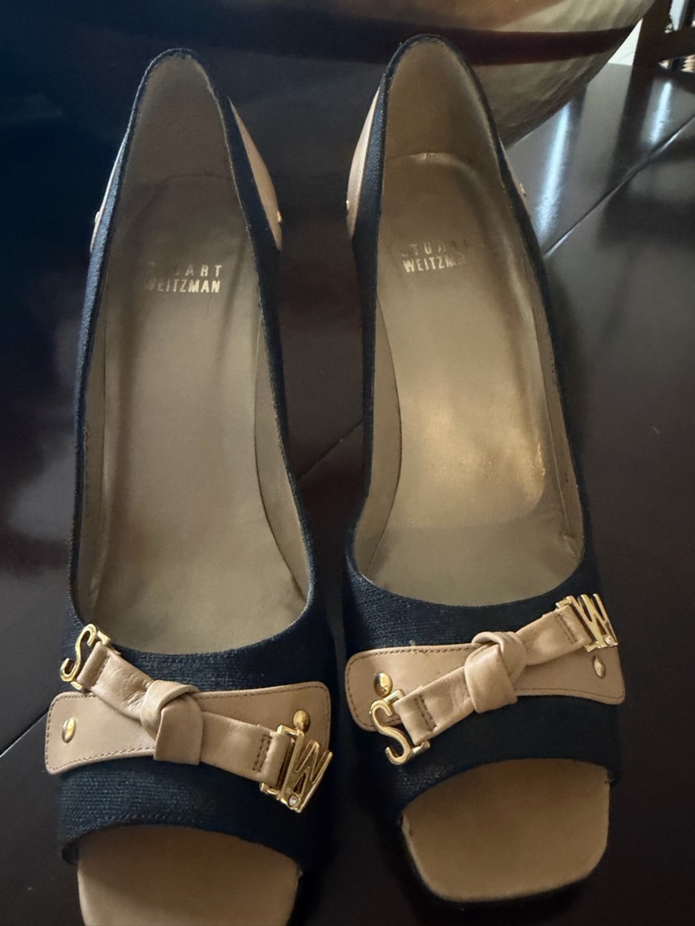 Stuart Weitzman Black and Taupe Peep-Toe Pumps with Gold Hardware